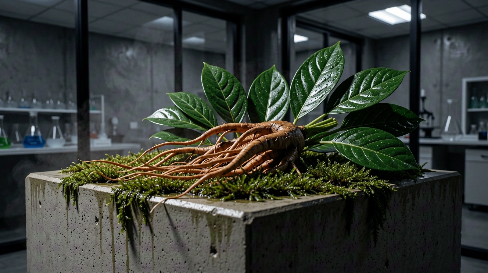 Lush botanical environment with clinical architectural elements